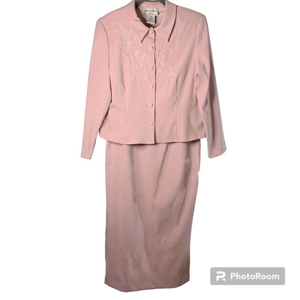 Vtg Karin Stevens Dress Sz 14 P Pink Layered Long Sleeve Suit Embroidered Jacket